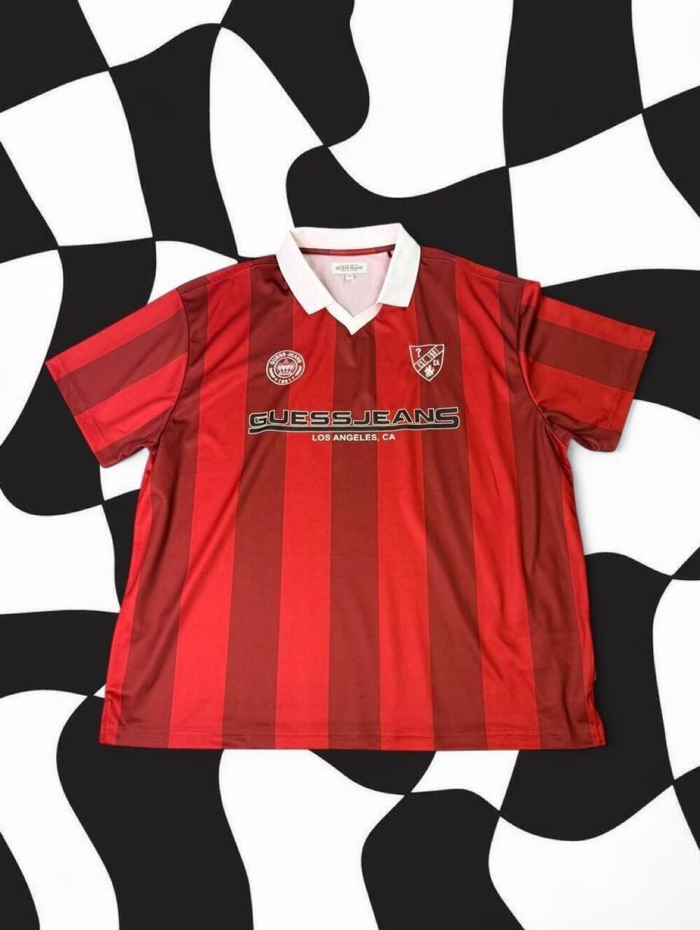 Guess Jeans red and dark red vertical striped soccer jersey